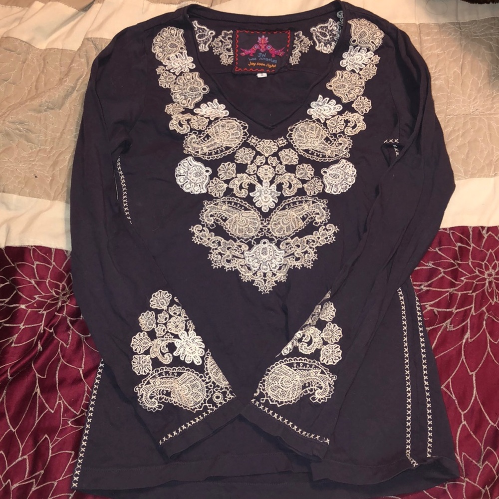 Johnny Was S Purple Embroidered Long Sleeve Top